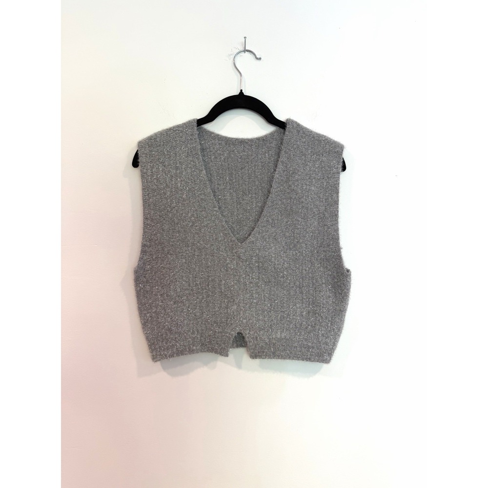 Le Pitta Sweater Vest Gray Silver Metallic Womens S Boxy Pullover Preppy Holiday
